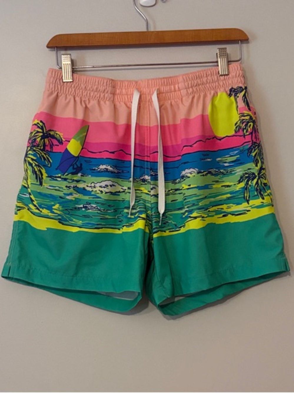 Chubbies Sunset Surf Swim Trunks in Pink, Green and Yellow